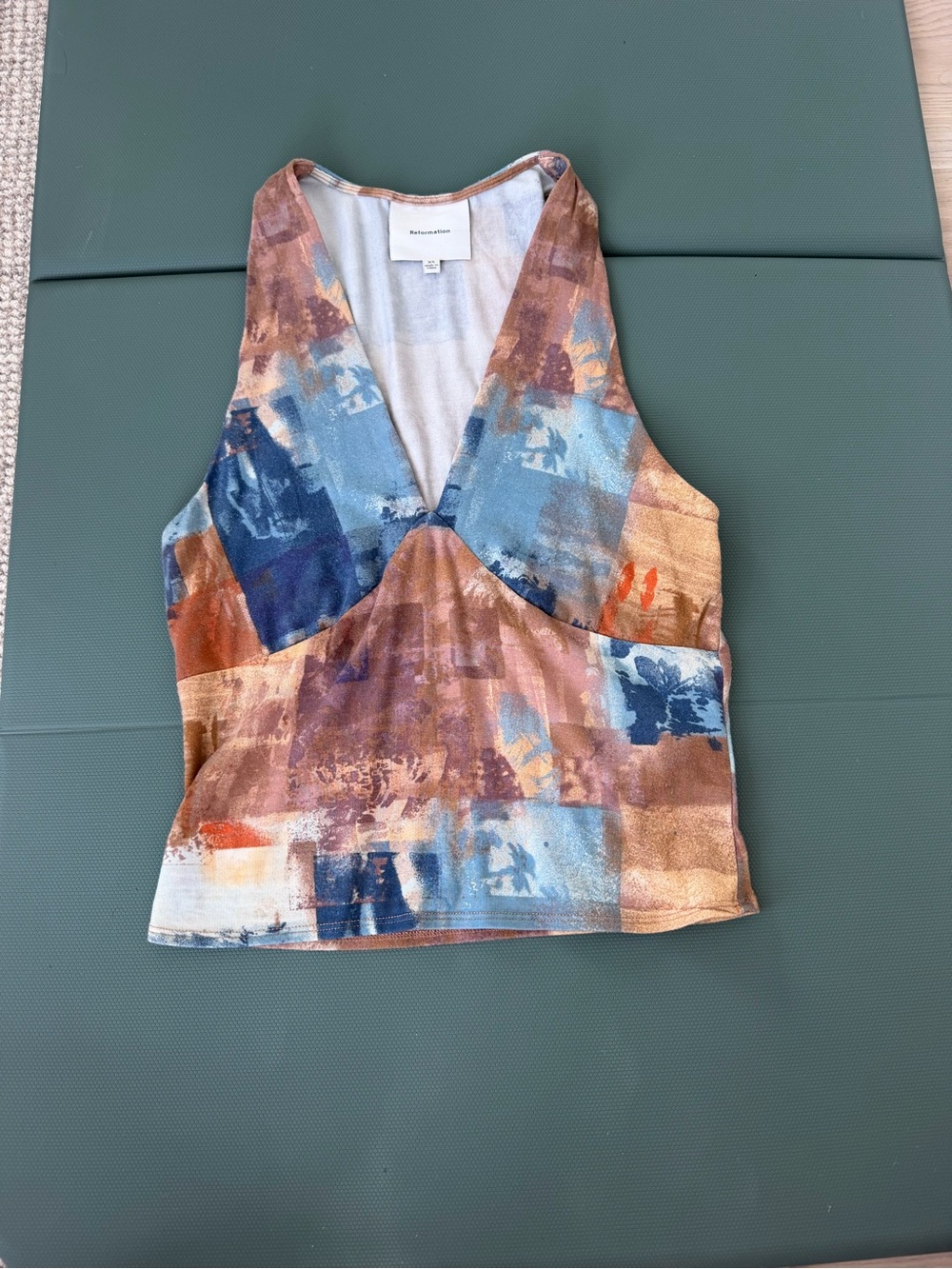 Reformation Bowie V-Neck Sleeveless Top - Blue, Brown & Tan